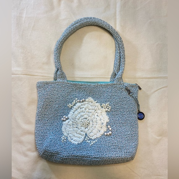 The Sak Handbags - The Sak Crochet Style Shoulder Bag Tote Blue with Floral Design Coastal